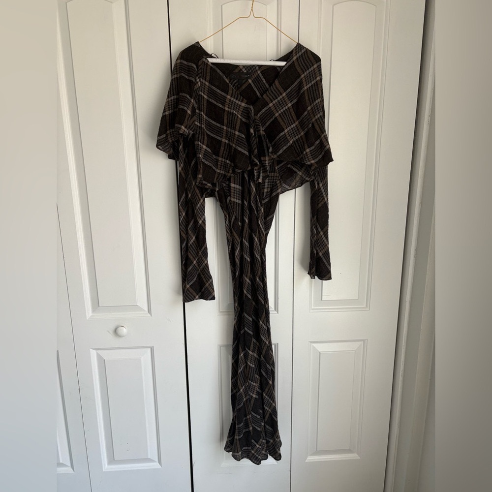 NWT Zara plaid brown long sleeve midi dress